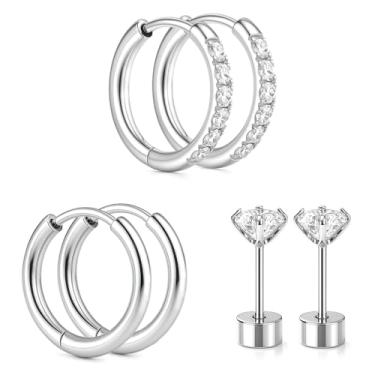 Imagem de Brincos de argola de prata/ouro: brincos de argola de cartilagem pequena de aço inoxidável cirúrgico hipoalergênico, com costas planas e costas planas para mulheres, várias orelhas sensíveis a