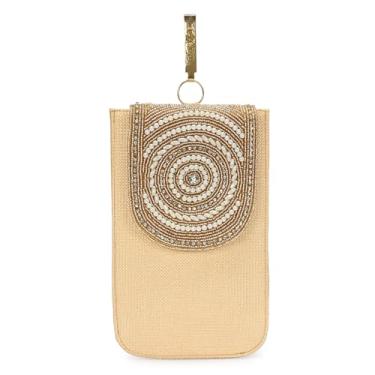 Imagem de LONGING TO BUY Capa elegante para celular com design de pérola dourada, feita de tecido de juta, 20 x 12 cm, padrão espiral decorativo (dourado)