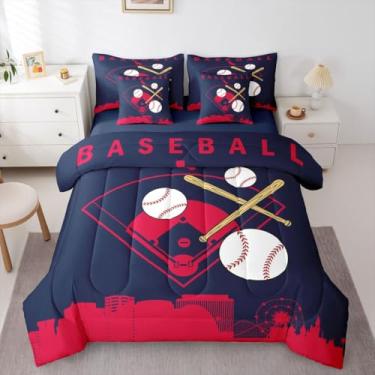 Imagem de Erosebridal Jogo de cama solteiro com estampa de beisebol e cidade de beisebol, para crianças, meninos, adolescentes, softball, para quarto de crianças, meninos, adolescentes, roxo moderno, para