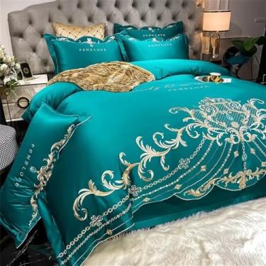 Imagem de Conjunto de cama Style com capa de edredom dupla em cetim bordado, lençóis e fronhas em puro algodão, verde escuro, lençol de baixo com elástico de 1,5 m.