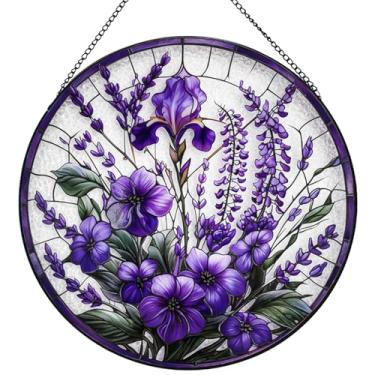 Imagem de BDHRKTE Captadores de sol de flor de lavanda para pendurar em vitrais, apanhadores de sol de flores para decoração de parede redonda, Natal, Dia das Mães, presentes de aniversário para mãe, avó