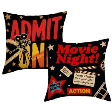 Imagem de JAERUE Fronhas vintage para noite de cinema 45,7 x 45,7 cm, tema de cinema retrô com claquete Admit One Ticket Film Reel, 2 unidades, decoração de home theater para amantes de filmes (preto)