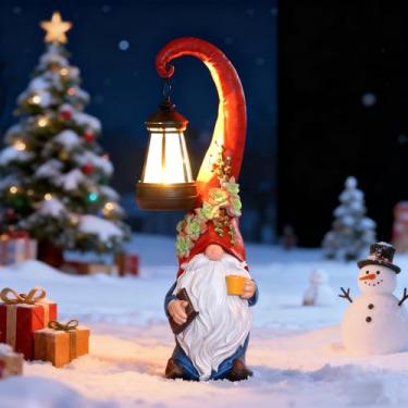 Imagem de Roundot Estátua de decoração de jardim de gnomo de café movida a energia solar, enfeite de pátio iluminado por lanterna, presente de aniversário para mãe no pátio