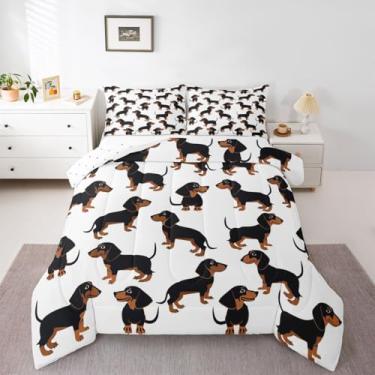 Imagem de jejeloiu Conjunto de edredom de cachorro salsicha para todas as estações, dachshund, com 1 fronha, microfibra, crianças, solteiro, para decoração de quarto, edredom respirável, macio e leve