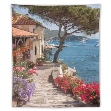 Imagem de Tapeçaria italiana de cidade costeira caminho de paralelepípedos buganvílias flores iate porto cênico litoral vila decoração de parede vibrante paisagem mediterrânea arte para casa espaço de vida 50 x