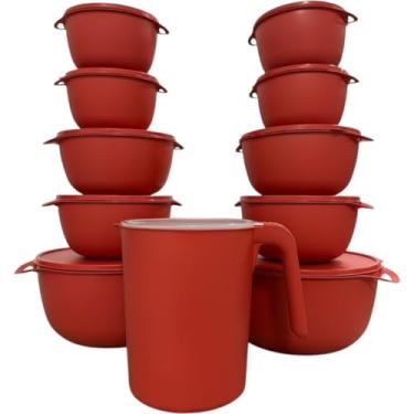 Imagem de Conjunto de Potes com Tampa,10 peças + 1 Jarra, Disponível em Preto, Vermelho, Rosa e Verde (Vermelho, 10pcs)