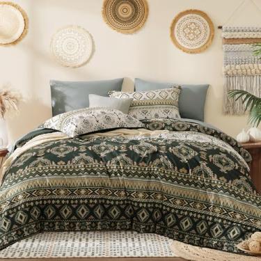 Imagem de Geniospin Conjunto de edredom Queen – 7 peças, cama boho em uma bolsa, roupa de cama asteca leve e macia, conjunto de edredom para todas as estações, com lençóis, fronhas e fronhas