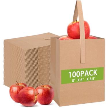 Imagem de Colarr 100 sacos pequenos de presente 20 x 15 x 9 cm com alças de papel para pequenas empresas, bolsa de presente Kraft marrom a granel para Natal, compras, aniversário, casamento, lembrancinhas de