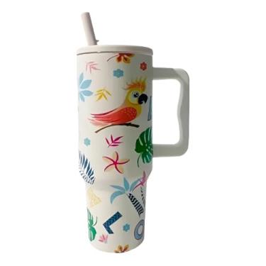 Imagem de Kit 4 Copo Térmico Alça Canudo Aves Tropicais Aço Inox 1200ml