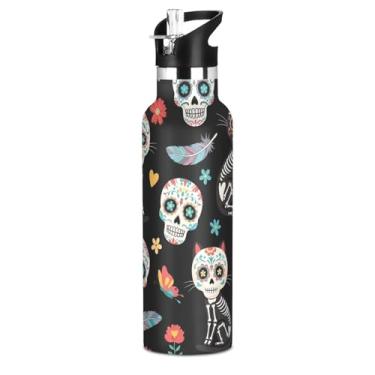 Imagem de Joisal Garrafas de água coloridas com caveiras de gatos florais pretas com tampa de palha, garrafa de água de aço inoxidável isolada de parede dupla à vácuo livre de BPA, copos infantis para escola