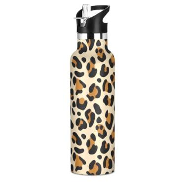 Imagem de Garrafas de água escolares isoladas para meninos, leopardo, preto, marrom, manchas caramelo, 590 ml, parede dupla, à prova de vazamento, garrafa de água de aço inoxidável, copo de viagem com tampa de