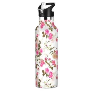 Imagem de Garrafa de água rosa branca com estampa floral para meninas e adolescentes, garrafas de água isoladas a vácuo, de aço inoxidável, copos de viagem para crianças com tampa de canudo para bebidas quentes