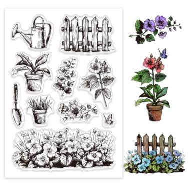 Imagem de 1 folha de carimbos transparentes de plástico PVC, carimbo de silicone personalizado com tema de jardim, estampa de flores, plantas, ferramentas, carimbos transparentes para fazer álbuns de fotos