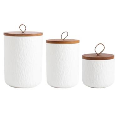 Imagem de YYW Recipiente de cerâmica hermético preto e branco, recipientes de cozinha para bancada com vedação de tampa de madeira, recipiente de armazenamento para grãos de café, açúcar, chá, biscoitos, doces