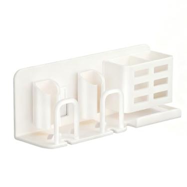 Imagem de Suporte de escova de dentes de alumínio montado na parede, compartimentos e copos, organizador de banheiro com economia de espaço para escovas de dentes elétricas e lâminas, design moderno branco