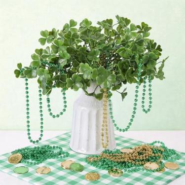 Imagem de Watayo 26 buquês de trevo de São Patrício com moedas de contas, moedas de corrente de ramo de plantas de trevo artificial, trevo irlandês, flores de trevo sintético, decoração de hastes de vegetação