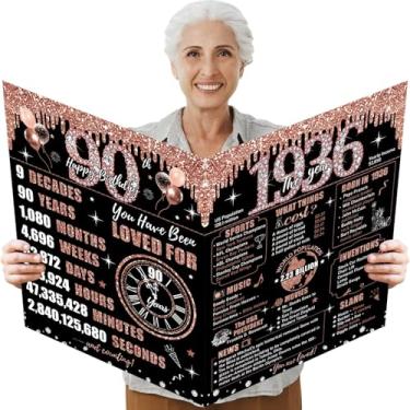 Imagem de Uiorgui Cartão grande de aniversário de 90 anos para mulheres com envelope, ouro rosa preto feliz 90º aniversário livro de visitas presentes jumbo noventa cartão de felicitações volta em 1935