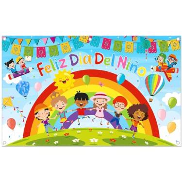 Imagem de YCUCUEI 244 x 152 cm colorido Feliz Dia del Niño pano de fundo do dia das crianças do México para decoração de festa infantil, faixa de parede para sala de aula, adereços de foto