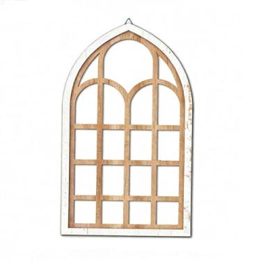 Imagem de Wswqop Espelho de parede com janela arqueada, espelho com painel de janela, espelhos decorativos de parede para casa de campo, Marrom