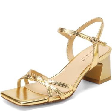 Imagem de TEAIEUI Sandálias femininas, sandálias femininas de salto alto com fivela quadrada, bonitas e confortáveis, Dourado, 40