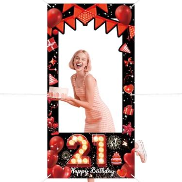 Imagem de Banner de aniversário de 21 anos com glitter vermelho balão de lantejoulas fotografia pano de fundo brilhante festa de aniversário banner moldura rosto no buraco adereços de foto fundo selfie recorte