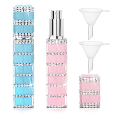 Imagem de TTOYOUU Atomizador de perfume de viagem recarregável, mini frascos de perfume de strass de 12 ml, vazio, recarregável, pulverizador atomizador de viagem com funil (2 peças azul + rosa)