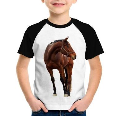 Imagem de Camiseta Raglan Infantil Cavalo Andaluz - Foca na Moda, Branco, Preto,