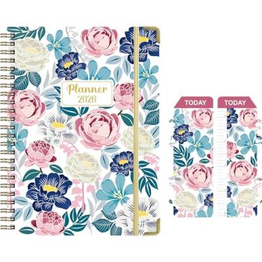 Imagem de Agenda semanal e mensal 2026, média 15 x 21 cm, capa dura com design floral, calendário de janeiro a dezembro, encadernado em espiral com abas mensais, papel 100 GSM (flor rosa rosa)