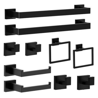 Imagem de Hinmood Conjunto de ferragens de banheiro preto fosco de 10 peças, conjunto de barra de toalha de 40 cm com barras de toalha, ganchos, suportes de papel higiênico | Kit moderno de acessórios e