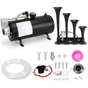 Imagem de PTNHZ Kit de buzinas de trem 150DB 12V 150PSI bomba de tanque de compressor de ar com tanque de 3 litros 1,8 galão + trompete de 4 fileiras pretas super altas para caminhão, caminhão, barco, motorhome