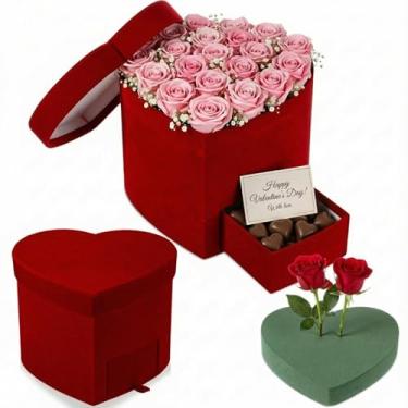 Imagem de Tinlade Caixa de presente de flores de dia dos namorados com blocos de espuma floral, caixa de petiscos em forma de coração dos namorados com tampa, caixas de coração de veludo vermelho para rosas
