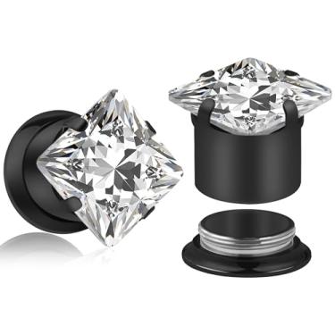 Imagem de Uqnwbdq 10G-00G Calibres quadrados CZ para orelha, aço cirúrgico 316L, acabamento espelhado, alargador, alargador, alargador, alargador, brincos internamente roscados, diamantes, para mulheres, homens