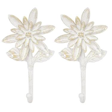 Imagem de Sungmor Conjunto de 2 ganchos decorativos de ferro fundido - design de flor vintage com acabamento branco antigo - gancho de parede resistente para casacos, chapéus, chaves - cabide para entrada