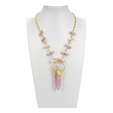 Imagem de DWBPGVUN Colar feminino com pingente de pérola Biwa com ponta de quartzo rosa, 53 cm