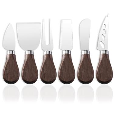 Imagem de Guojanfon Conjunto de 6 facas de queijo com cabo de madeira, mini conjunto de facas de queijo de aço inoxidável para charcutaria e pasta de queijo, perfeito para fatiador de queijo e cortador de