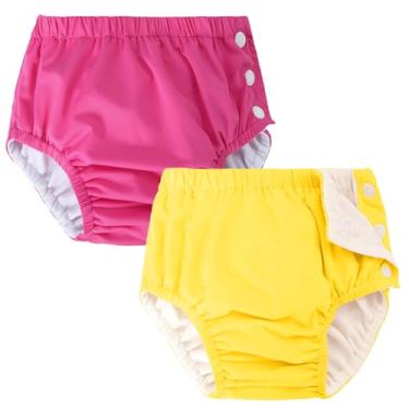 Imagem de Pacote com 2 fraldas de natação reutilizáveis para bebês recém-nascidos, laváveis, unissex, fraldas de natação infantis, Amarelo e rosa choque, 3-6 M