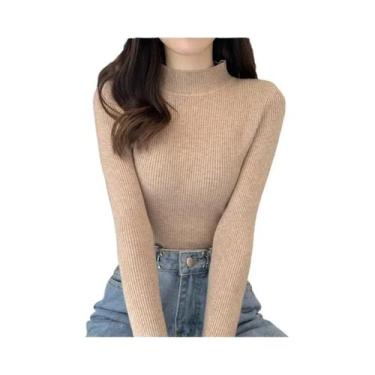 Imagem de Suéter Feminino De Gola Alta Em Malha Macia, Ajuste Slim, Cor Sólida, 