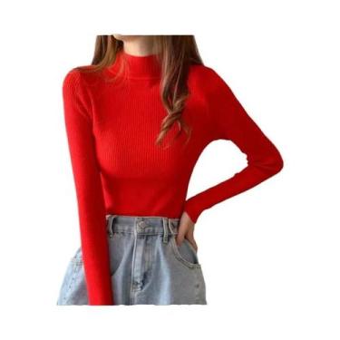 Imagem de Suéter Feminino De Gola Alta Em Malha Macia, Ajuste Slim, Cor Sólida, 