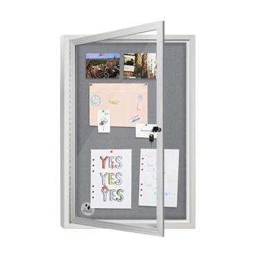 Imagem de OUOFS Quadro de avisos fechado ao ar livre à prova de intempéries 91 x 61 cm, quadro de avisos de cortiça bloqueável com porta de bloqueio de vidro temperado, exibição segura para avisos, pôsteres e