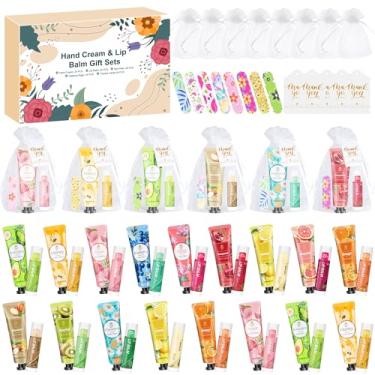 Imagem de 24 conjuntos de presentes a granel para mulheres, loção creme para as mãos, protetor labial, conjunto de mini lixas de unhas com sacos de organza, cartão de agradecimento, lembrancinha de casamento de