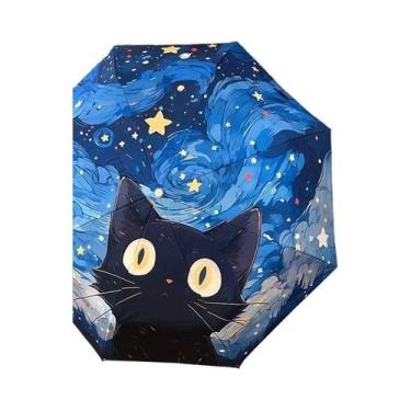 Imagem de Guarda-chuva Dobrável Azul Com Estampa De Gato, Proteção UV, Automátic