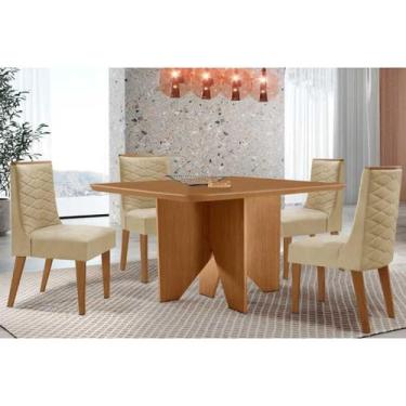 Imagem de Sala Jantar Mesa Nevada Tampo Curvo 90cm+4 Cadeiras Dafne Madeira Natu