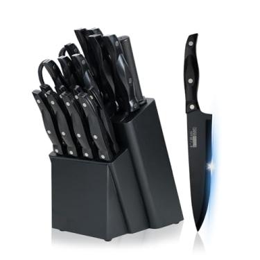 Imagem de Conjunto de facas de cozinha com bloco, conjunto profissional de 19 peças com 6 facas de bife e afiador de facas, conjunto de blocos de facas de aço inoxidável de alto carbono, antiaderente, cabo