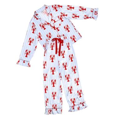 Imagem de Bella Sleep + Spa Pijama feminino Loungewear 2 peças de cetim sedoso com babados manga comprida top e calça, grande, listras azuis + lagostas vermelhas