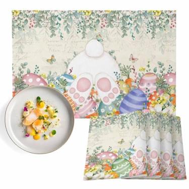 Imagem de Jogo americano de Páscoa, coelhinho, ovo, antiderrapante, folhas de eucalipto, flor, retrô, sazonal, tapetes laváveis e resistentes a manchas para festa/sala de jantar/decorações de cozinha, conjunto