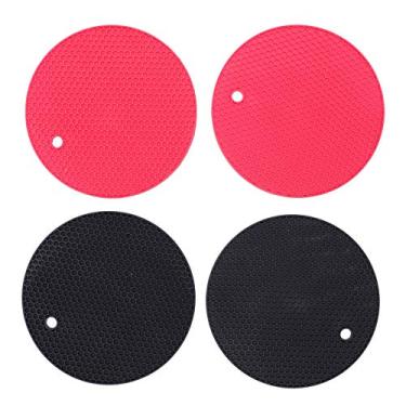 Imagem de Jogo americano de silicone resistente ao calor, porta-copos, conjunto de 4 tapetes de mesa de cozinha, durável, flexível, silicone de qualidade alimentar, preto, vermelho, 17,5