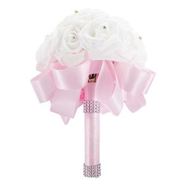 Imagem de Buquê de noiva artificial flores romântico fita de strass decorado buquê de casamento para noivas festa de casamento igreja decoração de casa rosa azul vermelho roxo branco leite (Rosa)