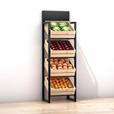 Imagem de Prateleiras comerciais de vegetais e frutas - Rack de exibição de varejo de 3 e 4 níveis com cestas de madeira, suporte de lanche de grande capacidade para supermercados e cozinhas - Suporte de