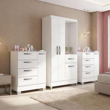 Imagem de Kit Guarda Roupa Atlas 3 Portas E 2 Cômoda Poquema Branco