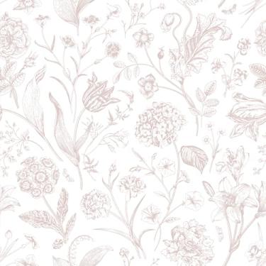 Imagem de VEELIKE Papel de parede floral Sketch Cottage Descasque e cole papel de parede vintage rosa empoeirado para quarto de banho 48 cm x 900 cm Papel de parede com flores botânicas removíveis para quarto